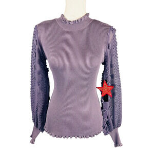 New Almost Famous Womans Medium Blouse Purple Top Ribbed Long Sleeve Sheer NWT